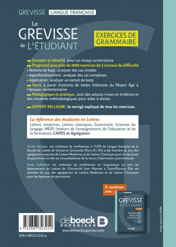 Le Grevisse de l'étudiant - Exercices de grammaire - Narjoux Cécile, Laferrière Aude - DE BOECK SUP